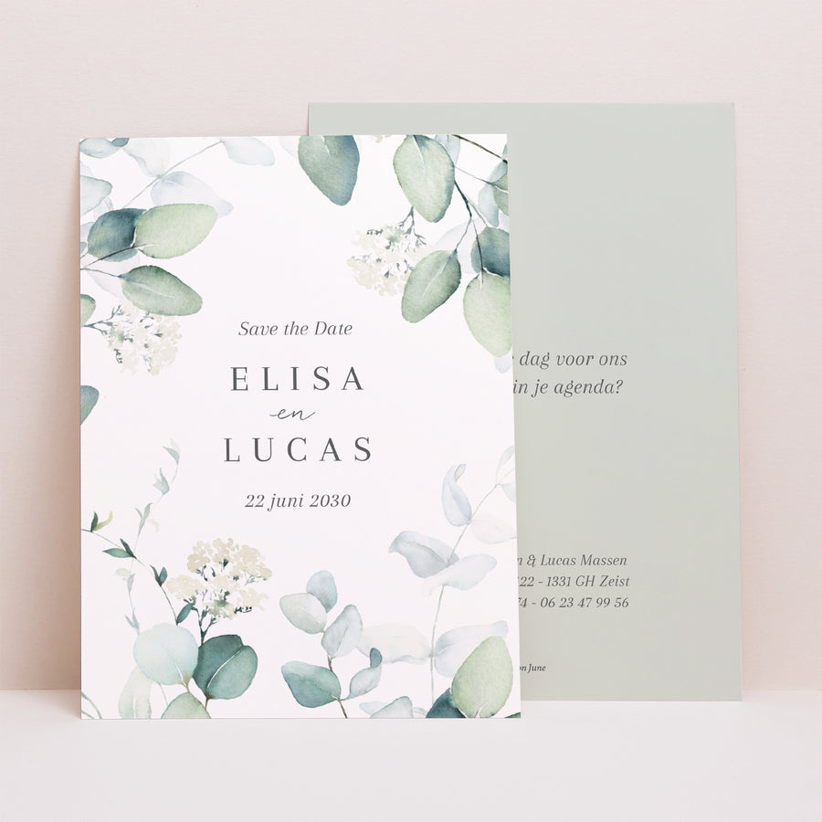Save the date kaart Huwelijk Portret Eucalyptus aquarel foto
