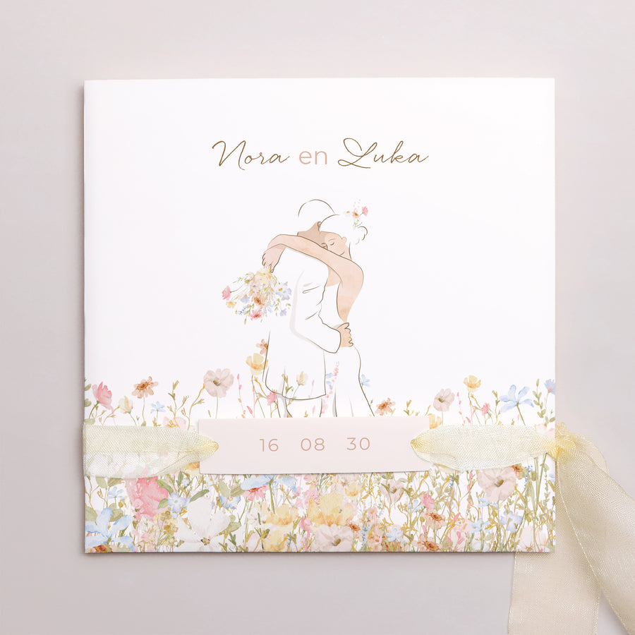 Uitnodigingskaart Huwelijk Vierkante tas, 3 kaarten, label Landelijk liefde foto