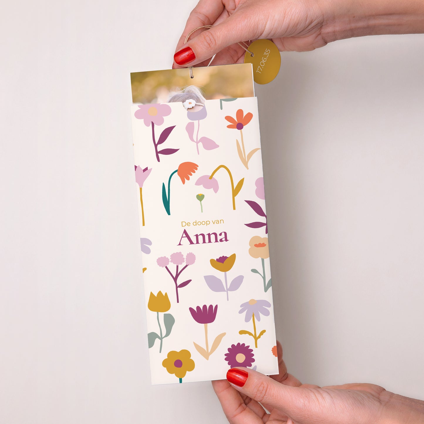 Doopuitnodiging Portret hoes 2 kaarten, etiket Blaadjes van Vreugde foto N° 2