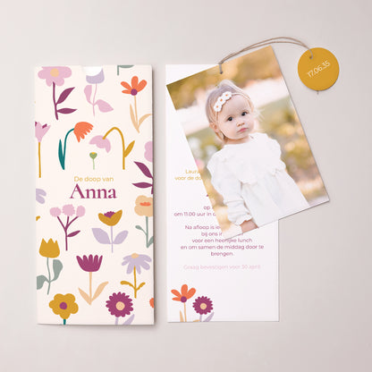 Doopuitnodiging Portret hoes 2 kaarten, etiket Blaadjes van Vreugde foto N° 3