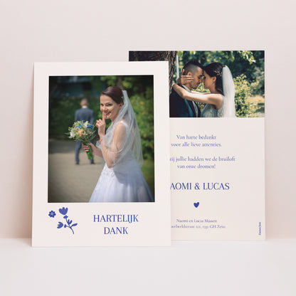 Bedankkaart Huwelijk Blauw van Hart foto N° 1