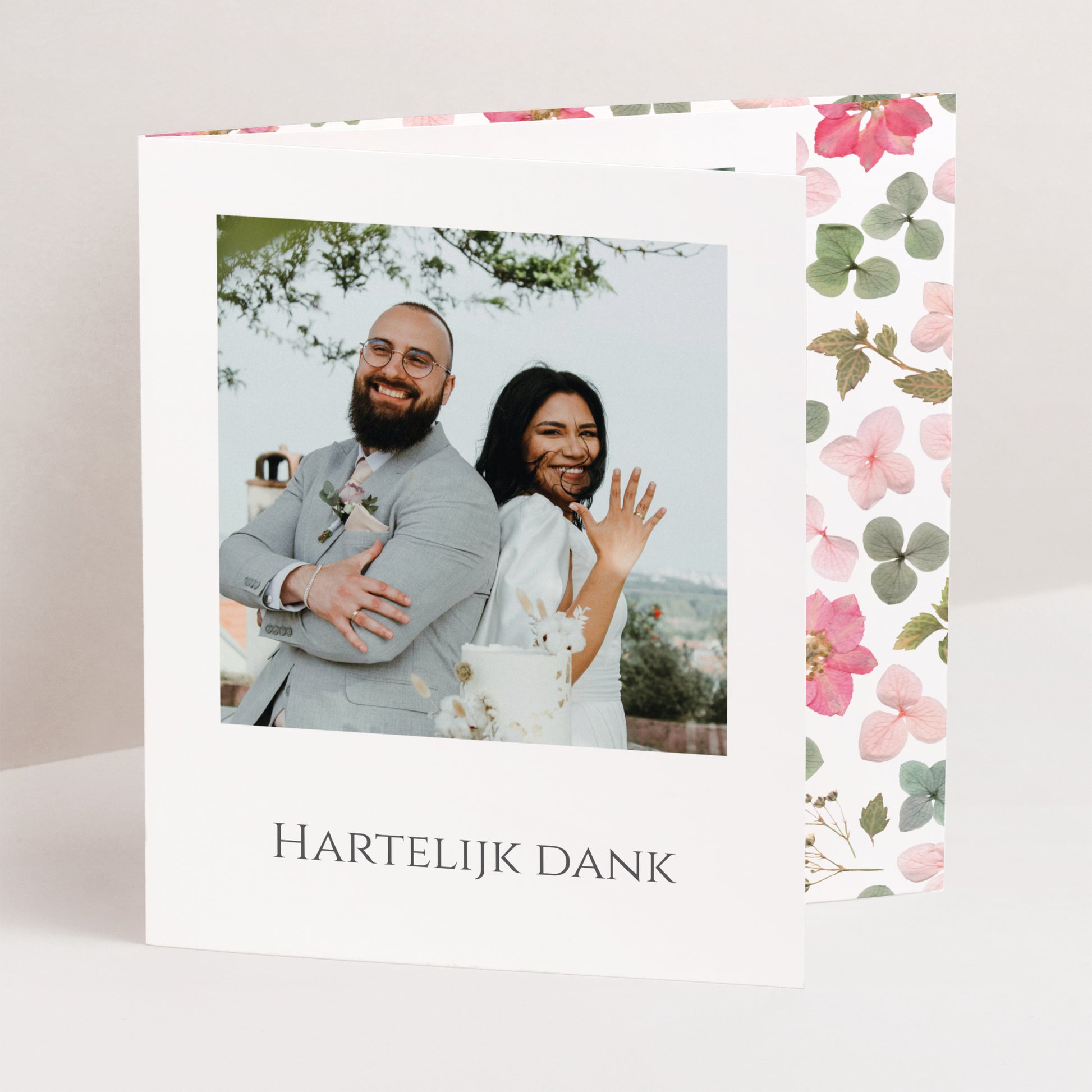 Bedankkaart Huwelijk Asymmetrisch triptiek Bloemenpoëzie foto N° 1