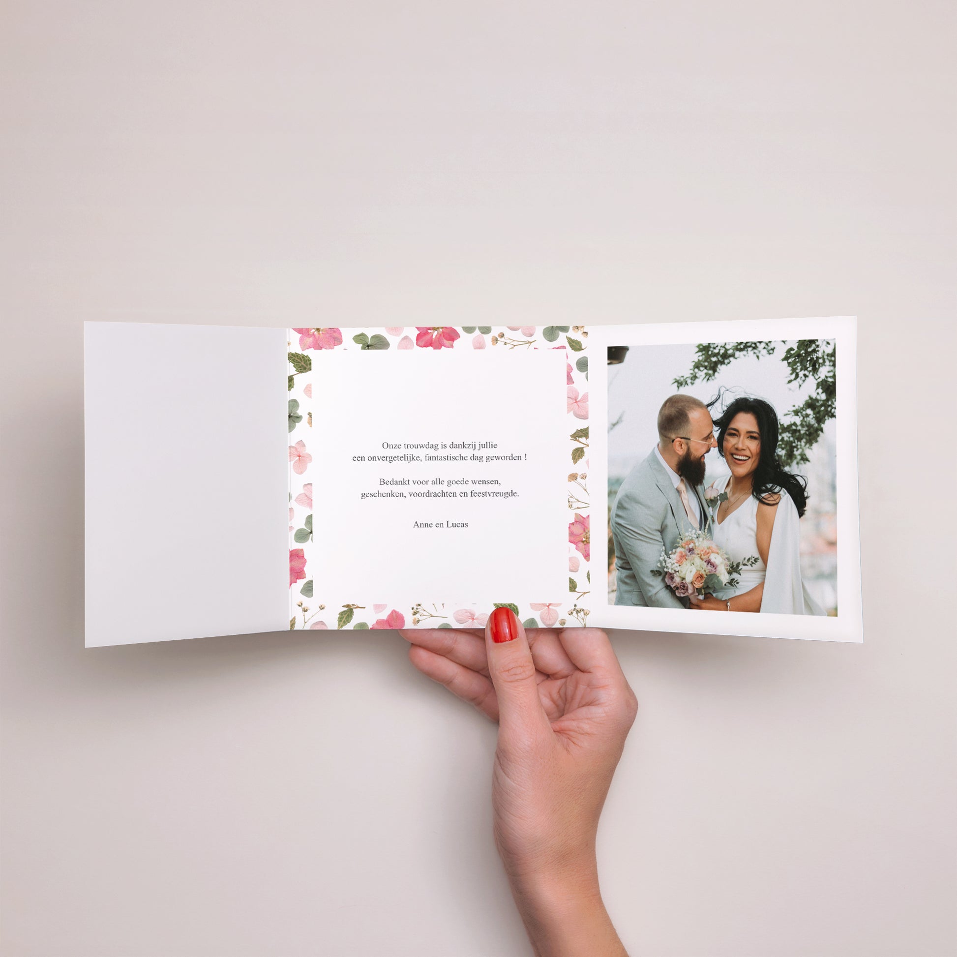 Bedankkaart Huwelijk Asymmetrisch triptiek Bloemenpoëzie foto N° 2